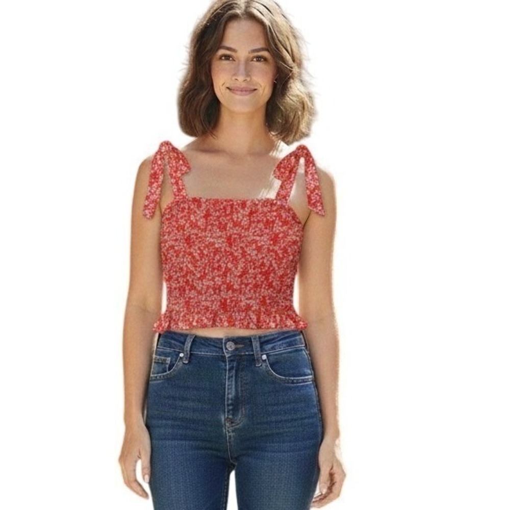 Japna‎ Red Floral Smocked Peplum Tie Shoulder Tank Top XS